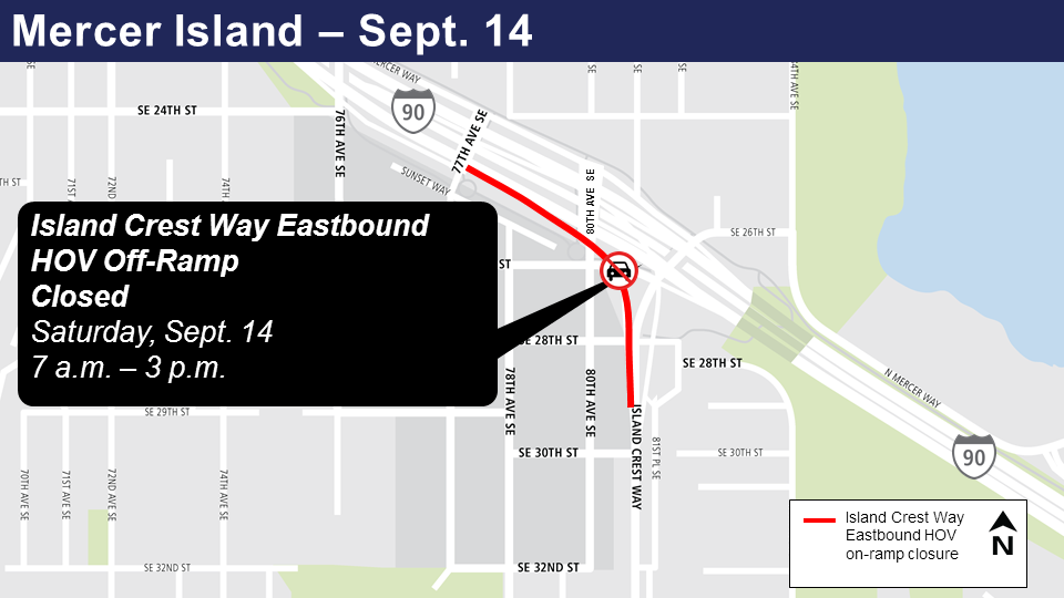 Map of Island Crest Way Weekend on-ramp closure