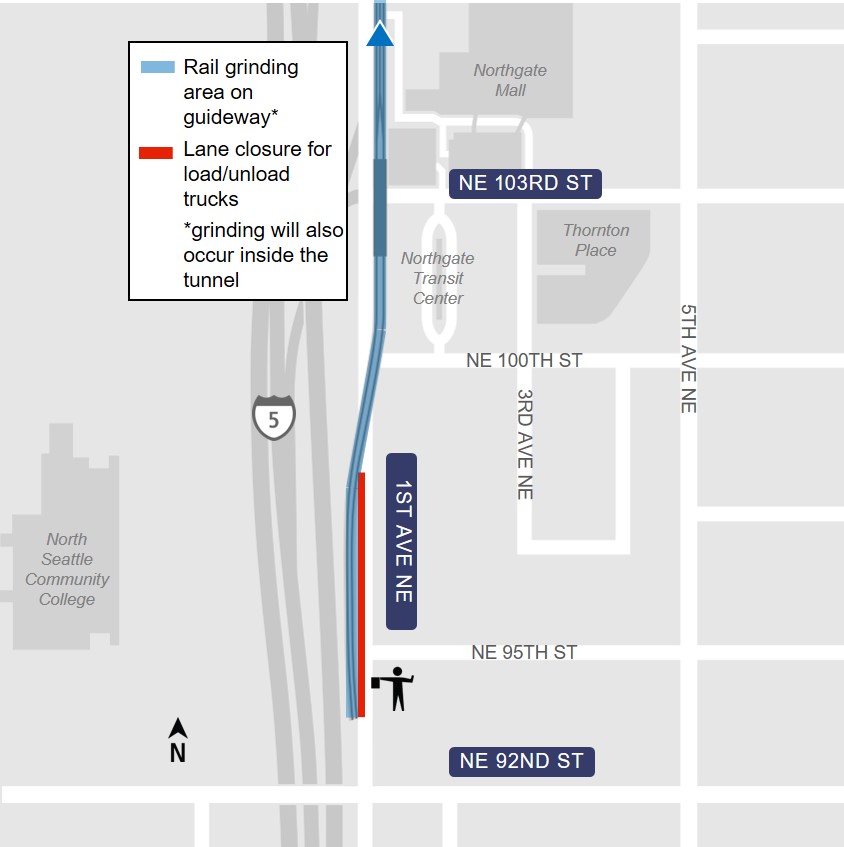 Map of lane closure for rail grinding at Northgate Station.