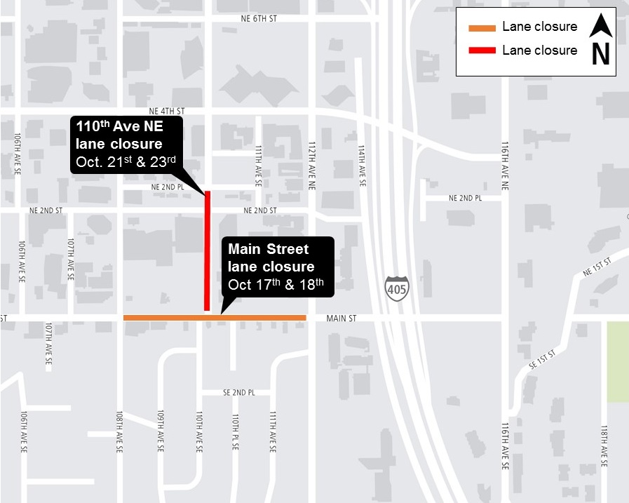 Map of lane closures in downtown Bellevue.