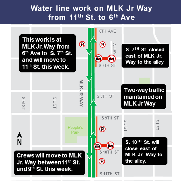 Map of water line work on Martin Luther King Jr. Way from 11th Street to 6th Avenue.