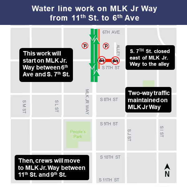 Map of water line work on Martin Luther King Jr. Way from 11th Street to 6th Avenue.