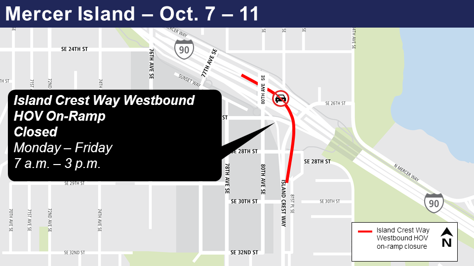 Map of Island Crest Way westbound HOV on-ramp closures.