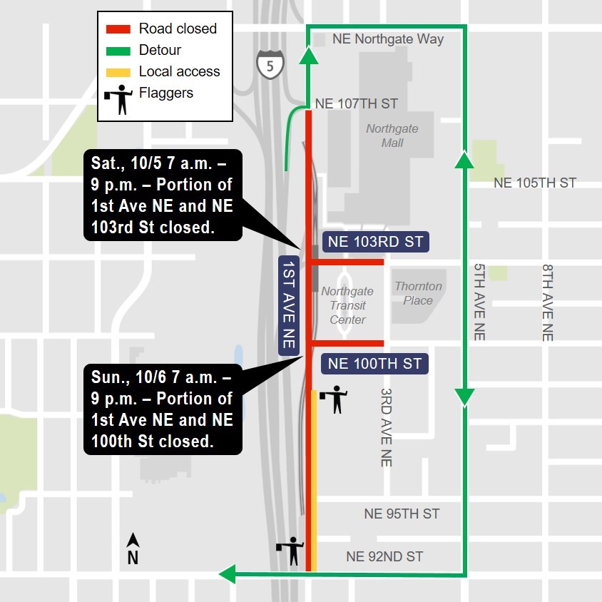 Map of street closures and detours around Northgate Transit Center.