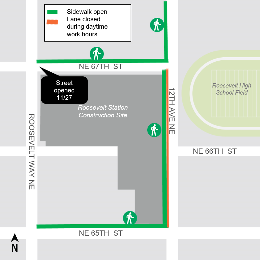 Map of sidewalks and street reopening around future Roosevelt Station.