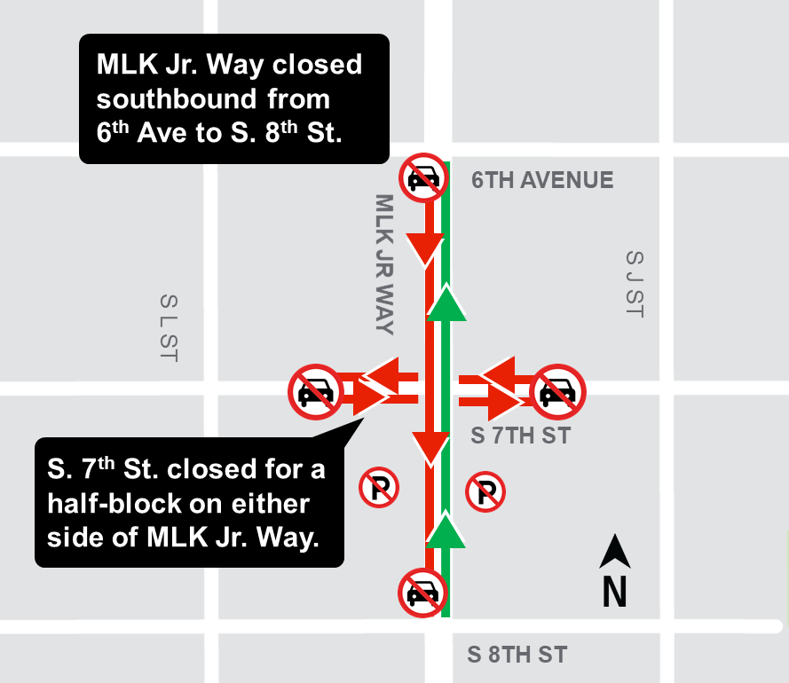Map of Martin Luther King Jr. Way closures in Tacoma.