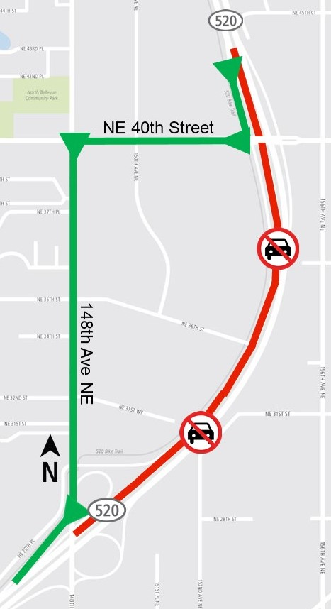 Map illustrating locations of lane restrictions on SR 520 between 148th Avenue Northeast and Northeast 40th Street.
