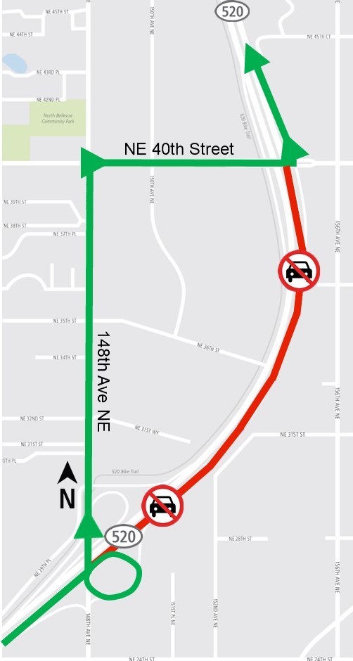 Eastbound SR 520 closure at 148th Ave map