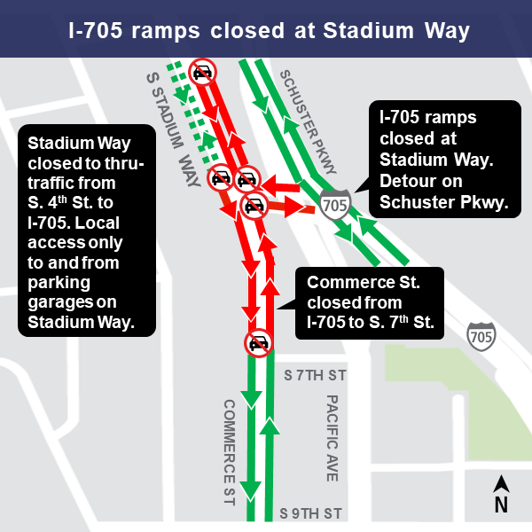 Construction map showing I-705 Ramp Closures 