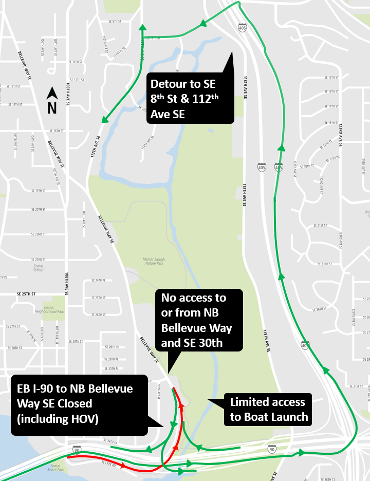 Eastbound I90 to Northbound Bellevue Way SE Closure map