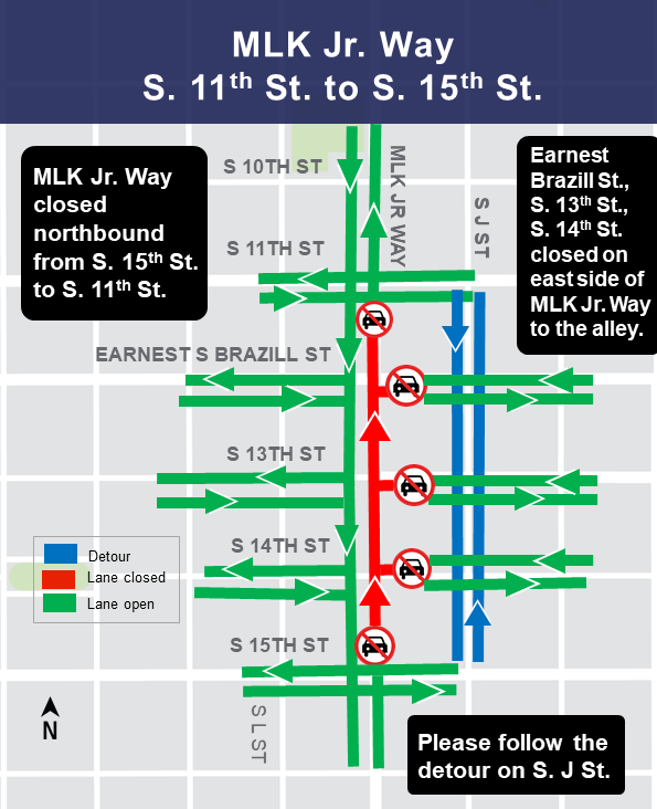 Construction map of Martin Luther King Jr Way and 11th to 15th track install in Tacoma, Wa