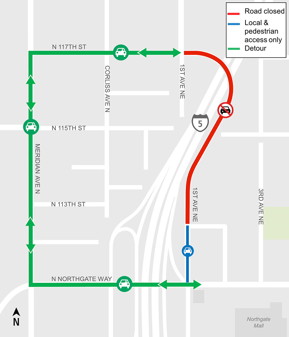 1st Ave from NE 112th to NE 117th closure construction map