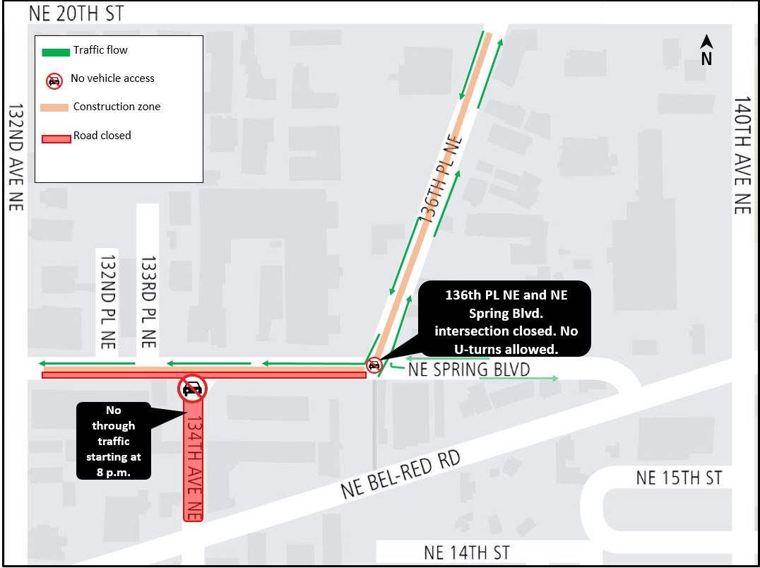 Eastbound NE Spring Blvd Nighttime closure map