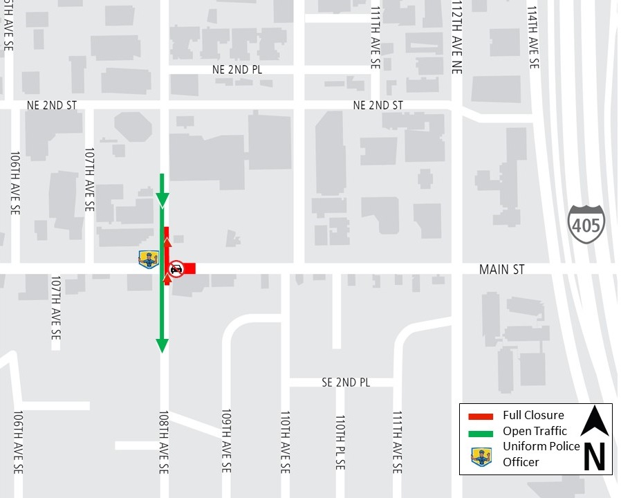 Construction map for 108th Ave SE and Main St full closure, Central Bellevue Station, East Link Extension