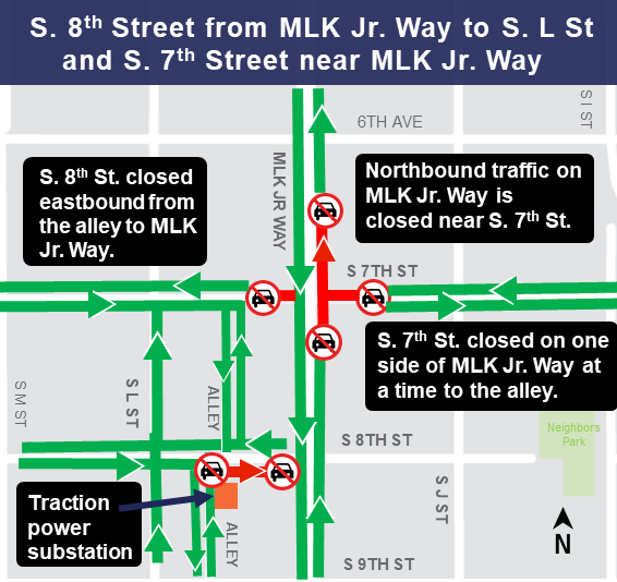 Construction closures map of Martin Luther King Jr Way at S 7th St and S 8th St
