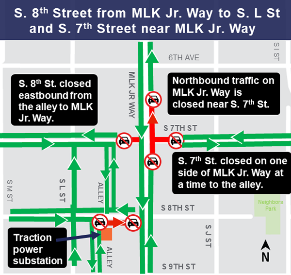 Construction map for S. 7th St and S. 8th St at MLK Jr Way work areas
