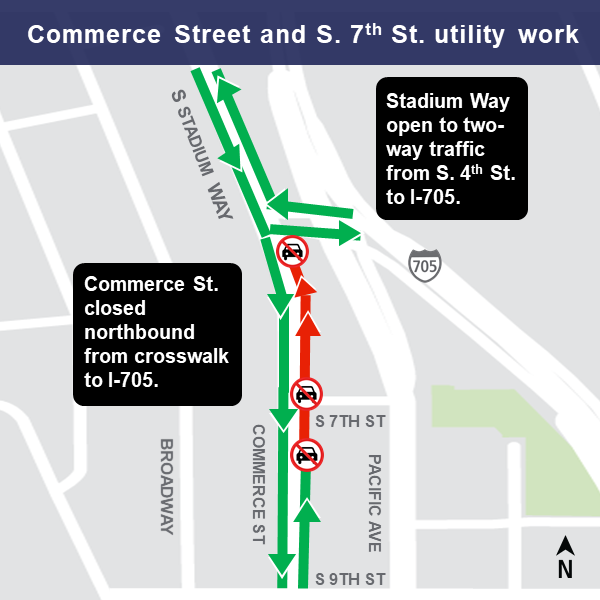 Construction map for Commerce St and 7th St Utility work