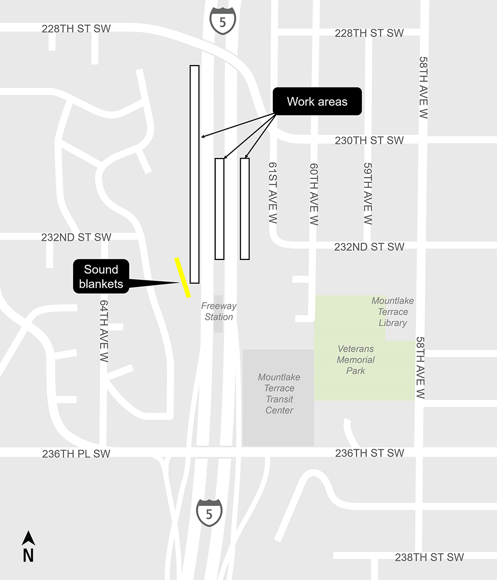 Construction map for Nighttime I-5 Shoulder work, Mountlake Terrace Station