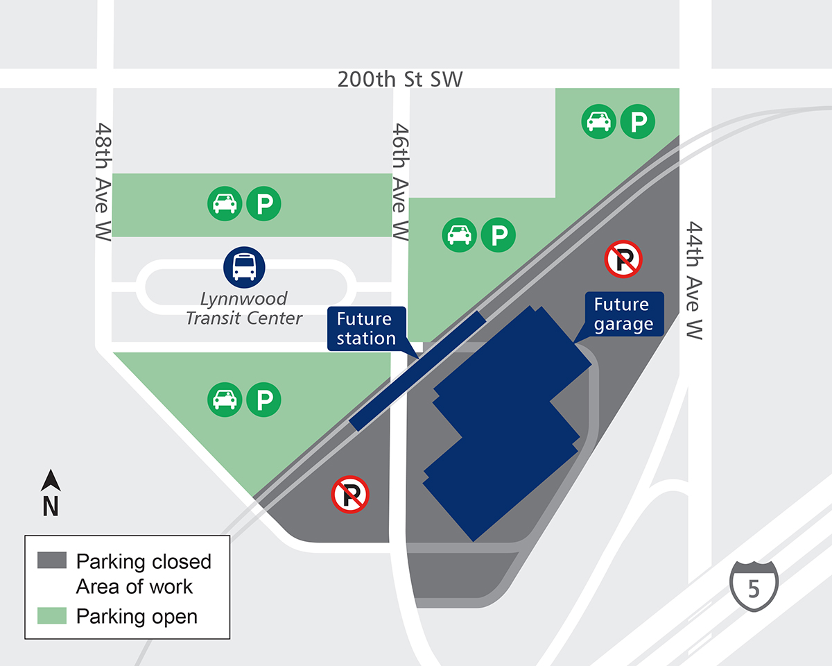 Construction map for Lynnwood Transit Center parking area closure