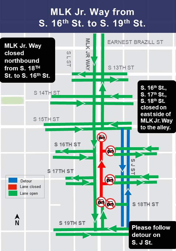 Construction map for Martin Luther King Jr way from S 16th St to S 19th St closures, Hilltop Tacoma Link Extension