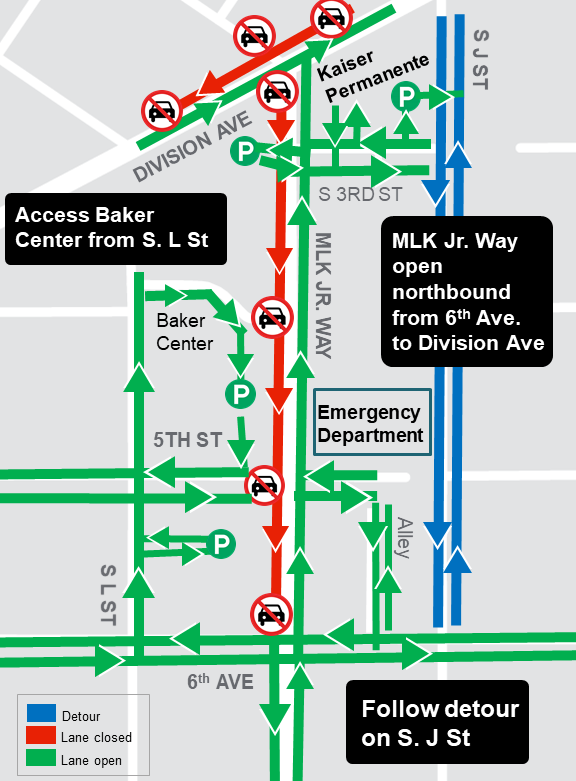 Construction map for Martin Luther King Jr way from Division Ave to S 7th St closures, Hilltop Tacoma Link Extension