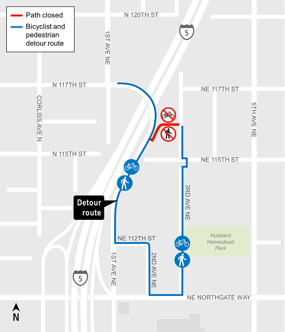 Construction map of NE 116th St Trail Closure detour, Lynnwood Link Extension