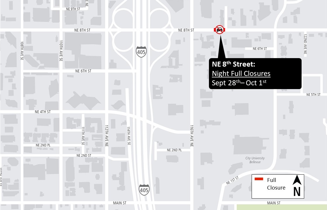 Construction map for NE 8th St full night closure, Central Bellevue construction alert, East link extension