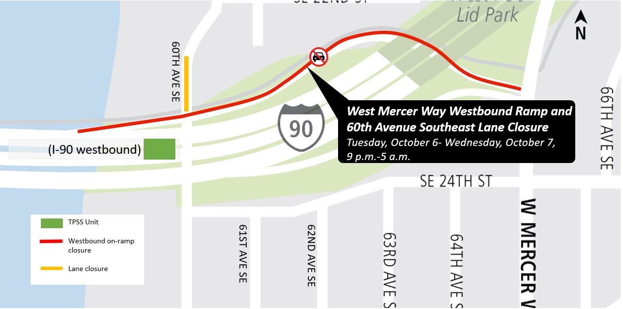 Construction map for West Mercer Traction Power Substation overnight work, East Link Extension