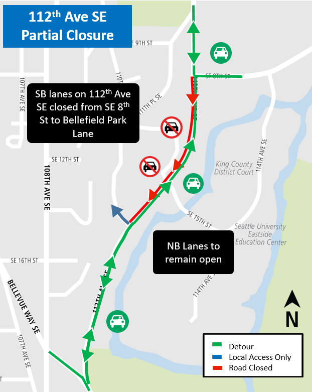 Construction map for 112th Ave SE southbound lane closure, South Bellevue Station, East Link Extension