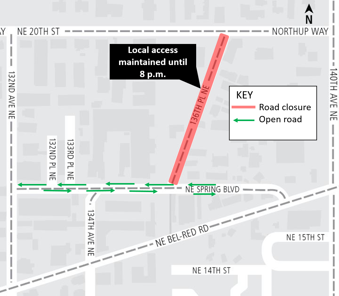 Construction map for 136th Place NE & NE Spring Blvd closure, Bel-Red Station, East Link Extension