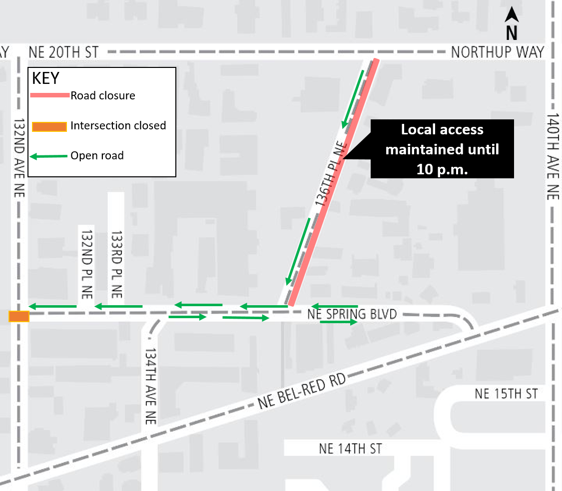 Construction map for 136th Place NE northbound closure, Bel-Red/130th Station, East Link Extension