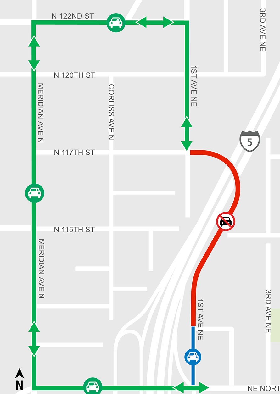 Construction map for 1st Ave closure from NE 112th St to NE 117th St, Lynnwood Link Extension