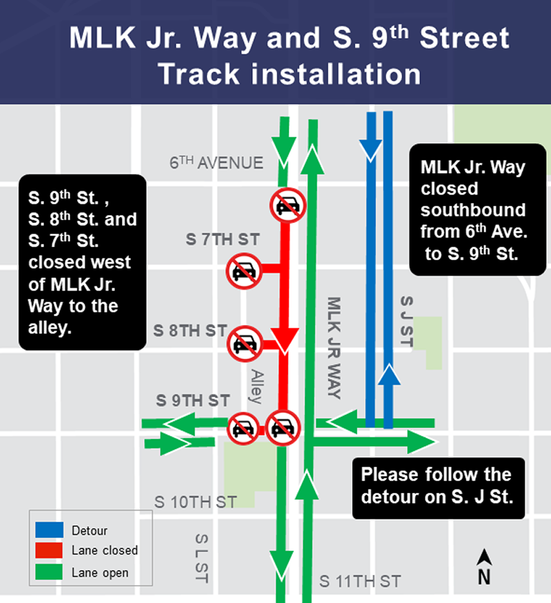 Construction map for Martin Luther King Jr Way and S 9th St Track Installation, Hilltop Tacoma Link Extension