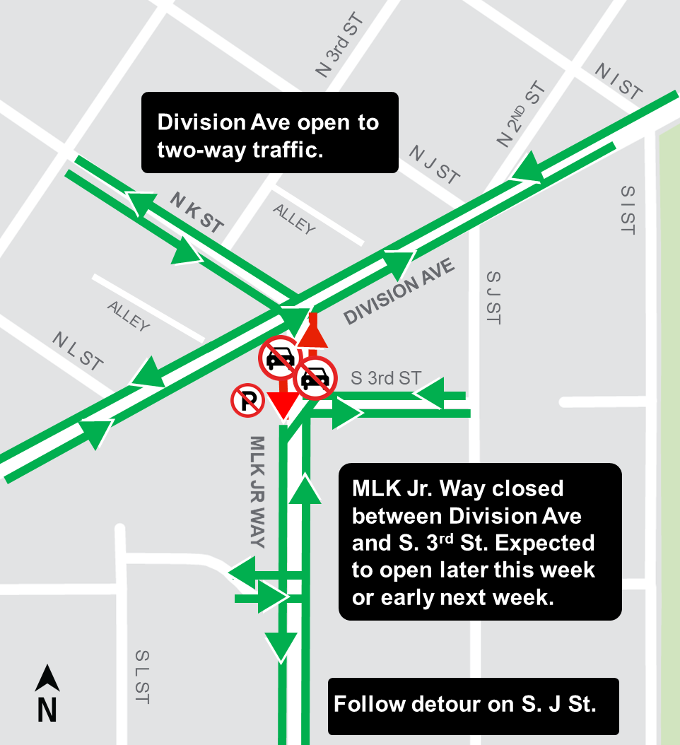 Construction map for Martin Luther King Jr Way and Division Avenue Track Installation, Hilltop Tacoma Link Extension