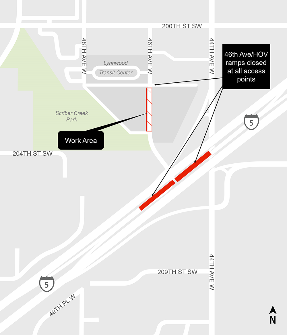 Construction map for 46th Ave W HOV Ramp closure, Lynnwood Link Extension