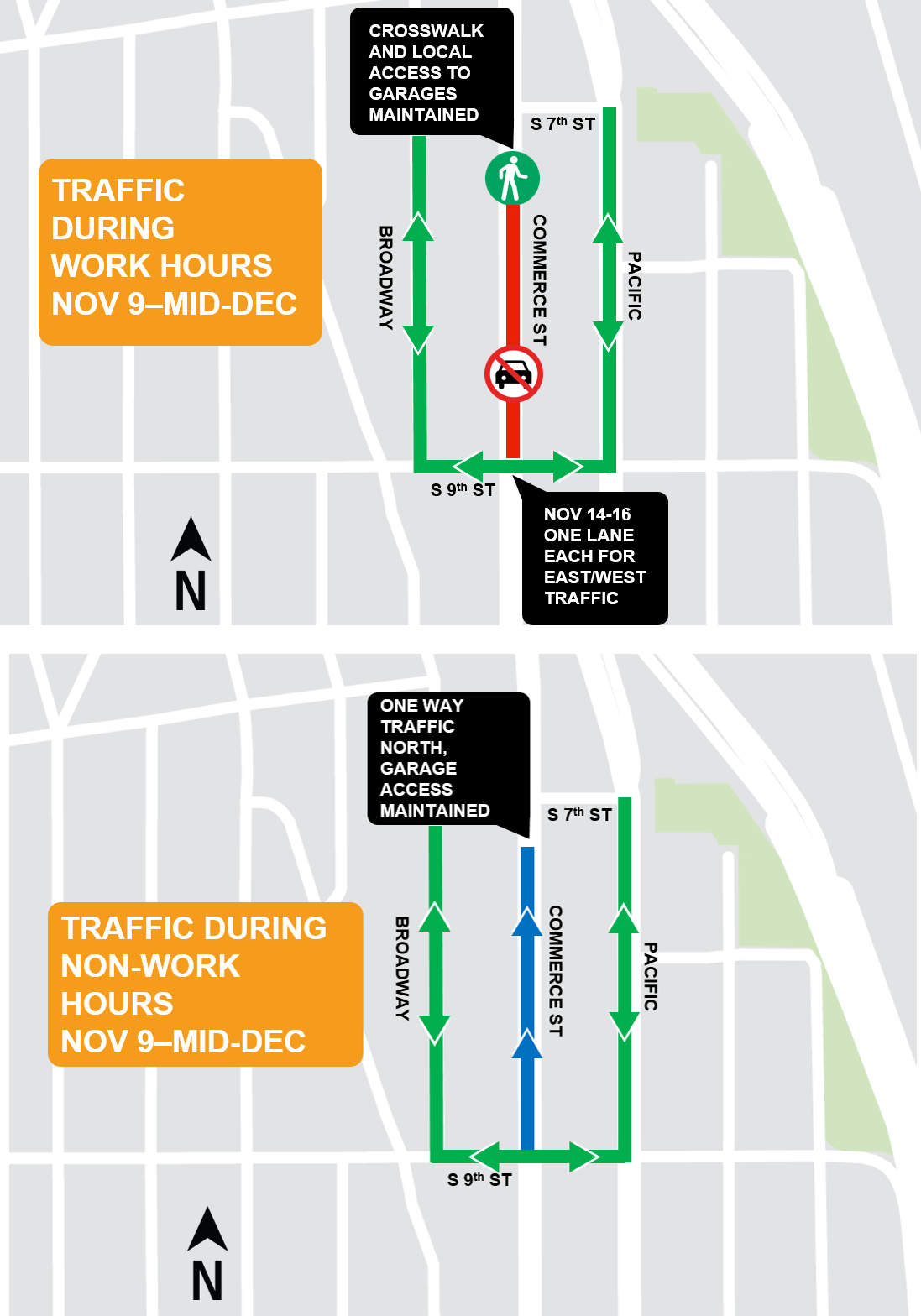 Construction map for Commerce Street closures, Hilltop Tacoma Link Extension