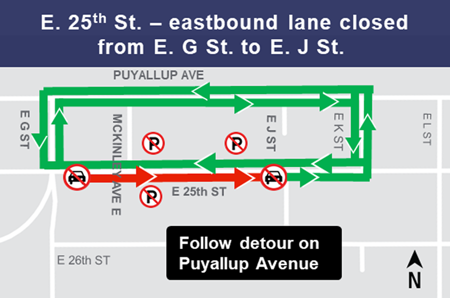 Construction map for East 25th Street Track Install map, Hilltop Tacoma Link Extension