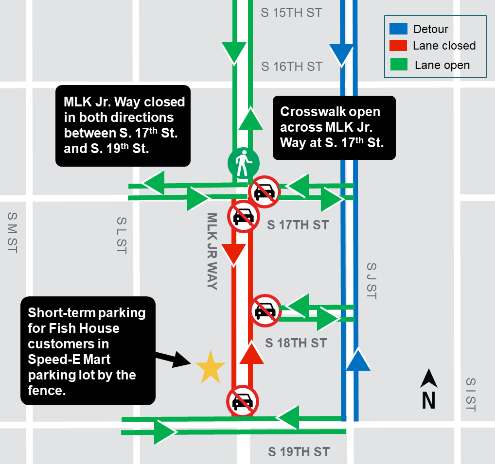 Construction map for Martin Luther King Jr way from S 17th to S 19th St track install, Hilltop Tacoma Link Extension