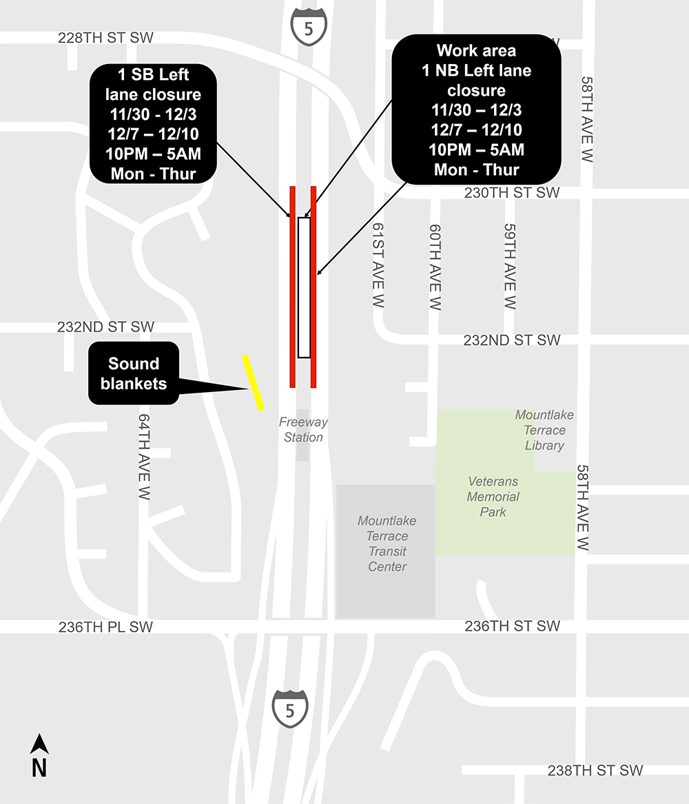 Mountlake Terrace Freeway station northbound and southbound lane closures, Lynwood Link Extension
