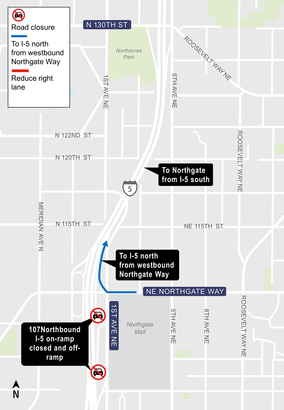 Construction map for NE 107th St I-5 off-ramp closure map, Lynnwood Link Extension