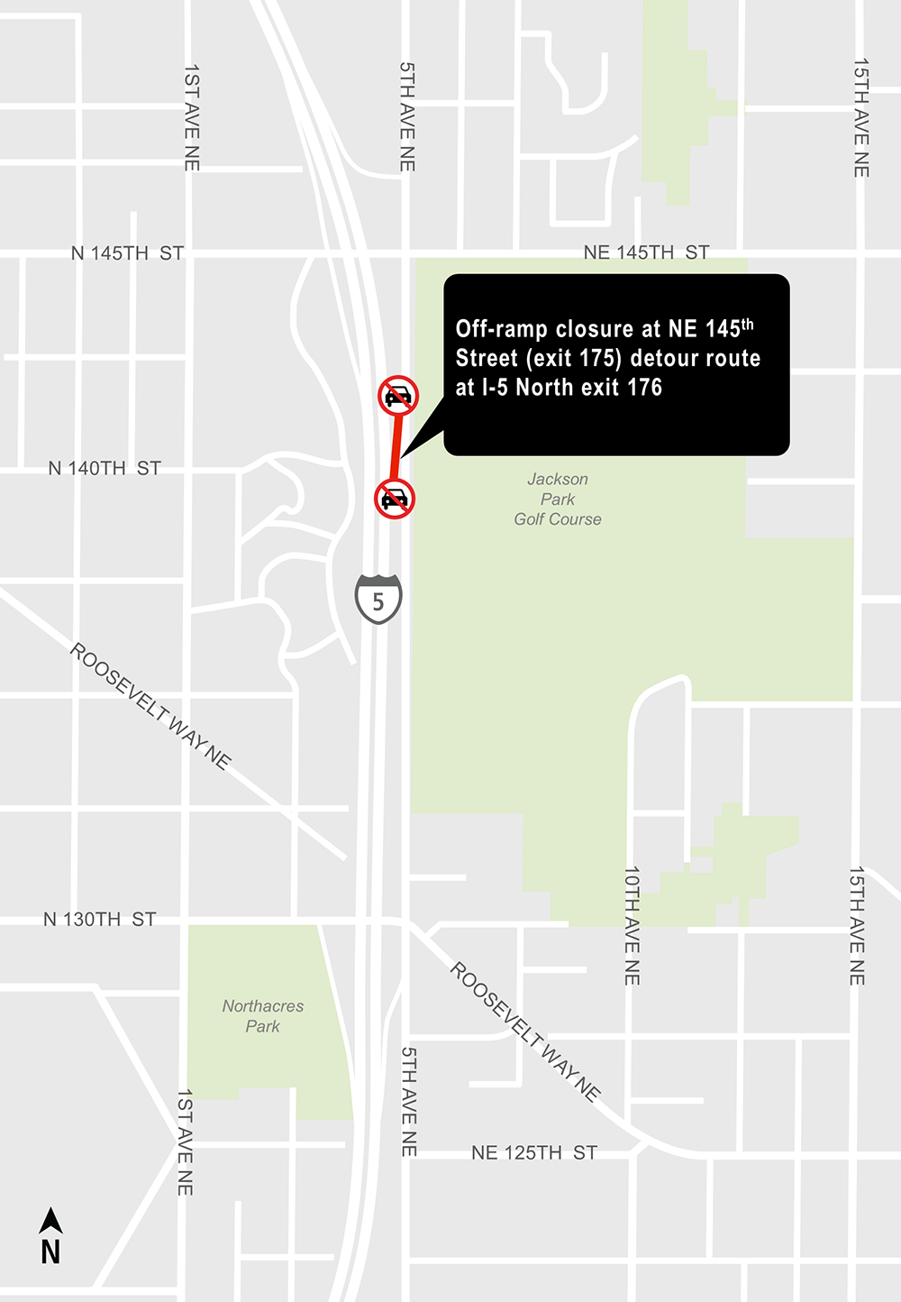 Construction map for NE 145th off-ramp closure map, Lynnwood Link Extension