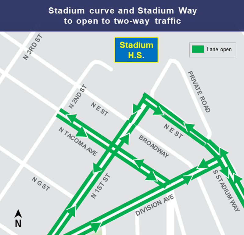Construction map for Stadium Highschool Closure map, Hilltop Tacoma Link Extension