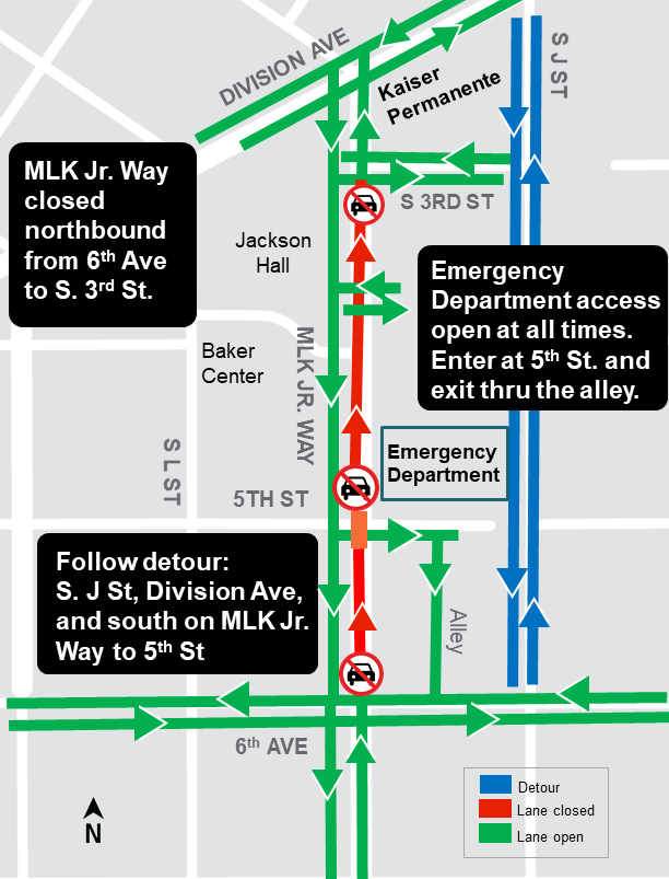 Construction map for 1 way access on 5th Ave, Hilltop Tacoma Link Extension