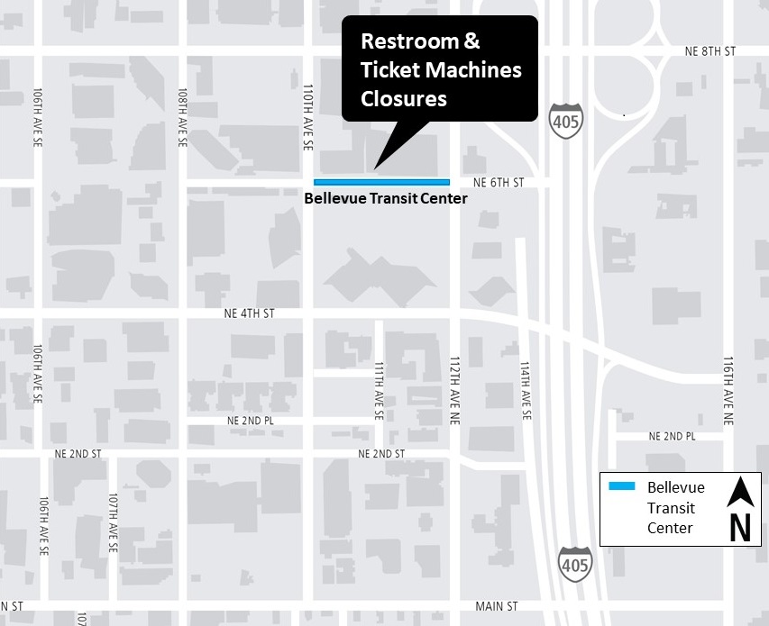 map for Bellevue Transit Center restroom and ticket vending machine closure, East Link Extension