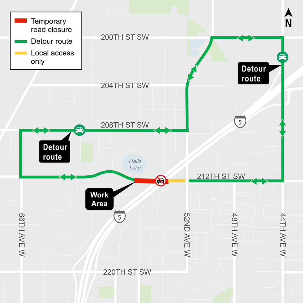 Construction map for 212th Street South West Closure west of 52nd Ave West, Lynnwood Link Extension