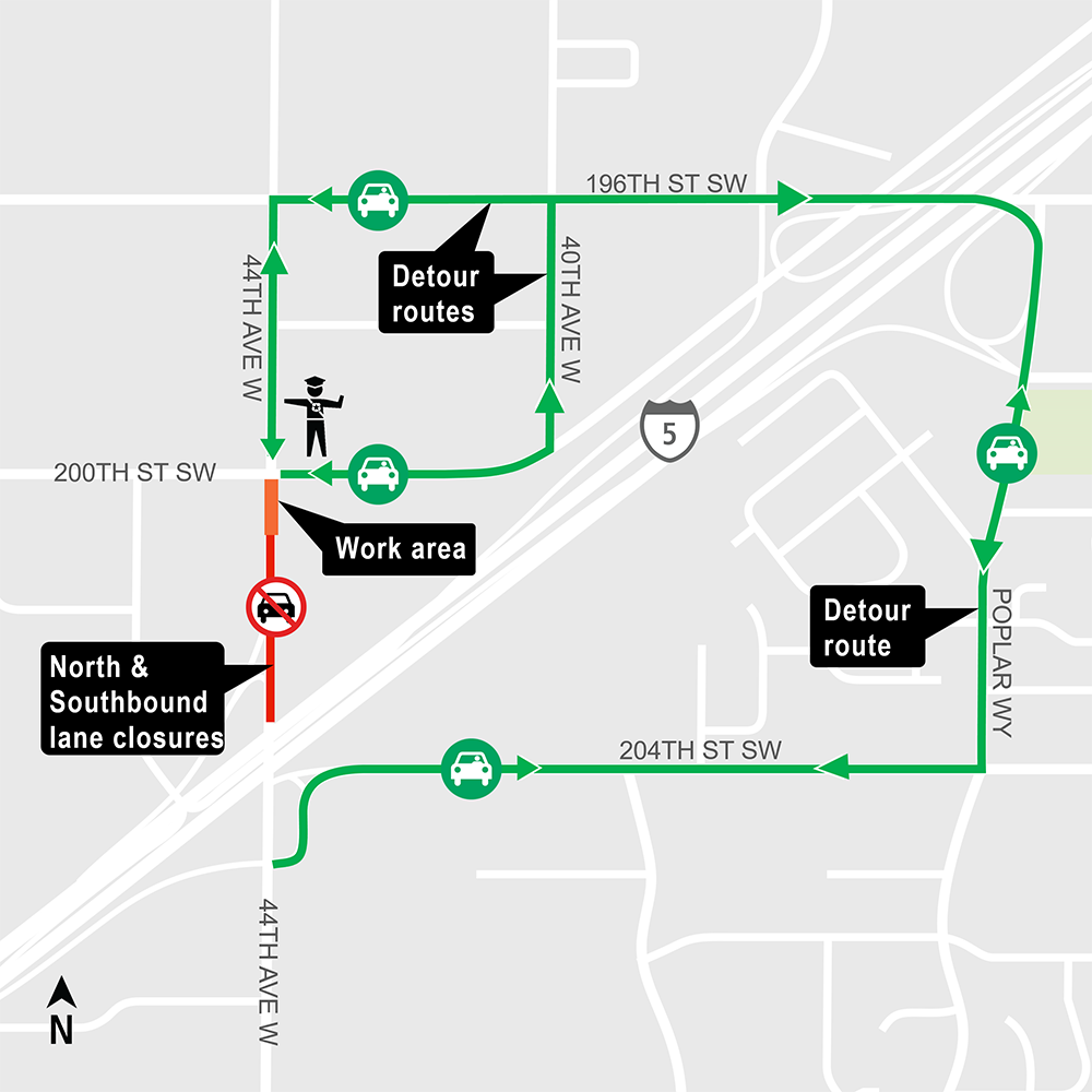 Construction map for the Detour for work on 44th ave West, Lynnwood Link Extension