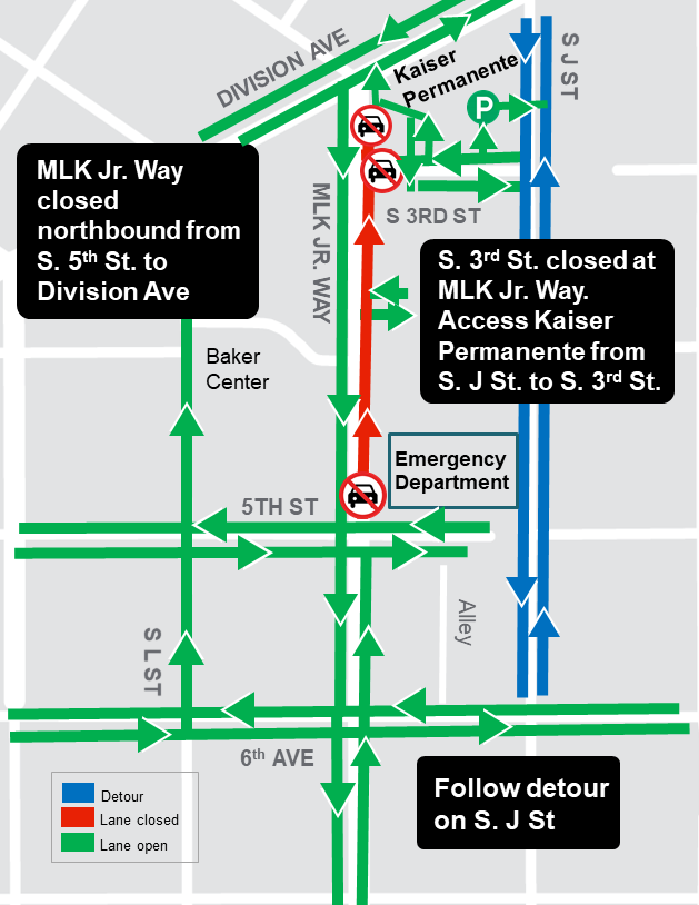 Construction map for Martin Luther King Jr way from Division Ave to S 5th St closures, Hilltop Tacoma Link Extension