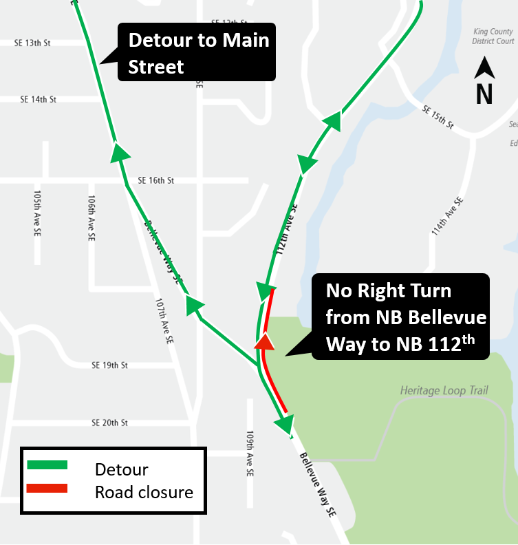 Construction map for Right Turn Lane closure from Bellevue Way SE to 112th Ave SE, South Bellevue Station, East Link Extension
