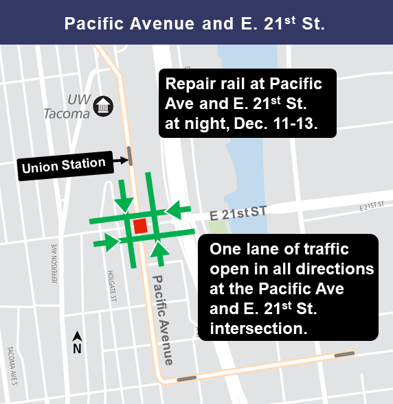 Construction map for Tacoma Link rail repair at East 21st and Pacific Avenue, Hilltop Tacoma Link Extension