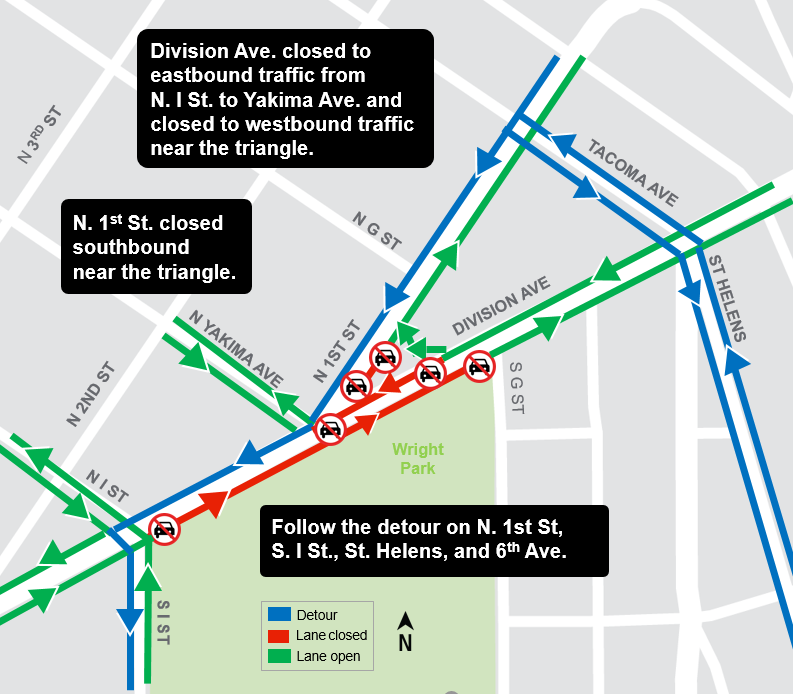 Construction map for Division Ave closures, Hilltop Tacoma Link Extension