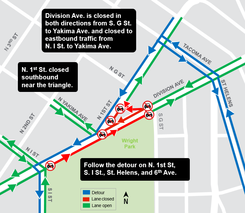 Construction map for Division Ave at N Yakima Ave closure, Hilltop Tacoma Link Extension